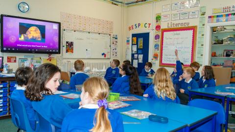 Pupils looking at an interactive whiteboard